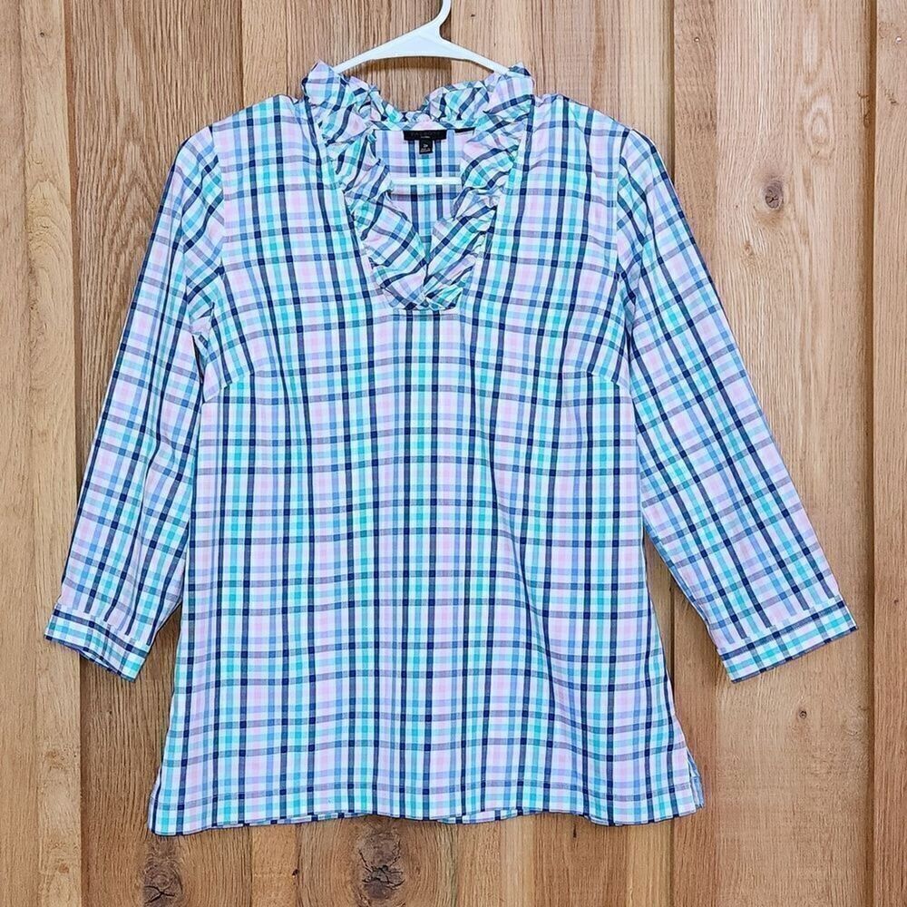 NEW Talbots 3/4 Sleeve Ruffle V-neck Spring Casual Shirt, 2 Petite, Pastel Plaid
